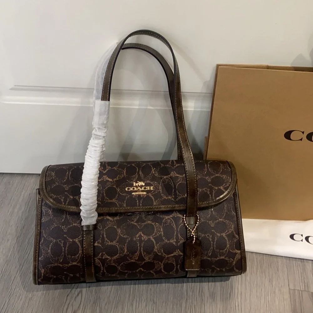 Coach Dark Brown Signature Canvas Shoulder Bag with Gold Logo